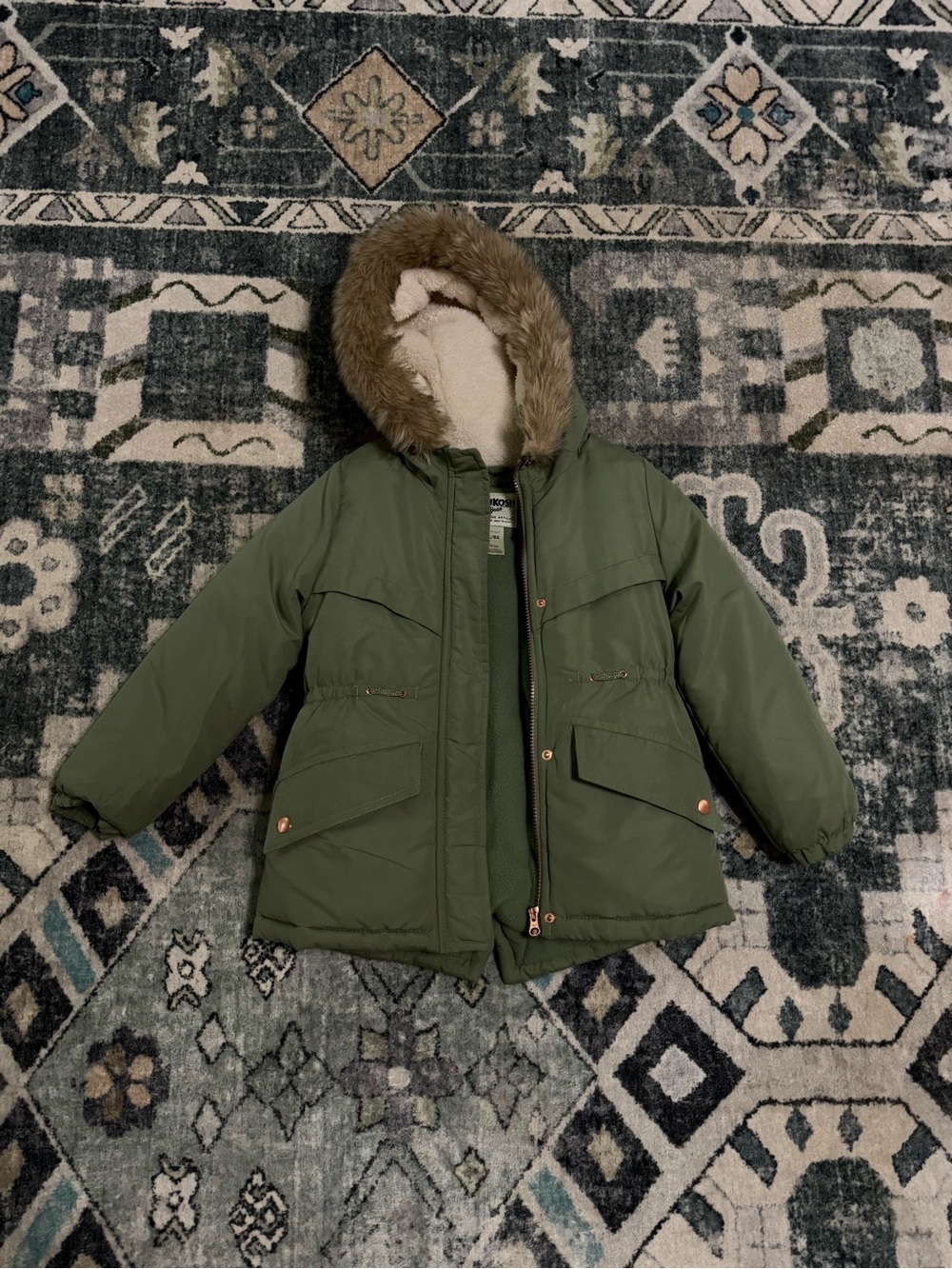 OshKosh B'gosh Olive Green Hooded Winter Coat with Faux Fur Trim